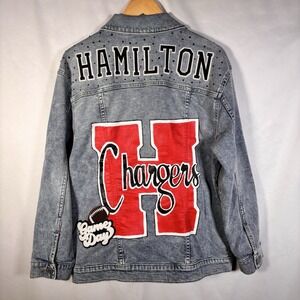 Varsity Football Denim Jacket  Large Hand Painted Hamilton Studded Game Day